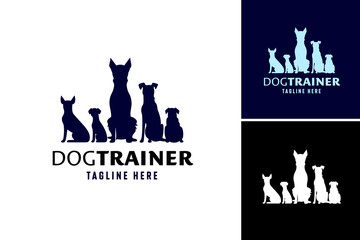 Close up dog trainer logo with group of dogs suitable for pet training services advertising, dog care business, or animal obedience courses. - obrazy, fototapety, plakaty