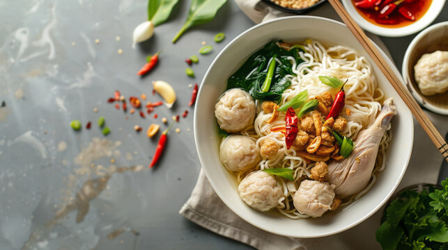 Indonesian Chicken Noodles. Chicken noodles in white bowl and wooden chopsticks on natural background with chicken pieces, chicken feet, green mustard, meatballs, boiled dumplings, sauce. 