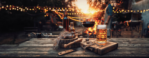 Mugs of beer on a wooden table in front of the sunset