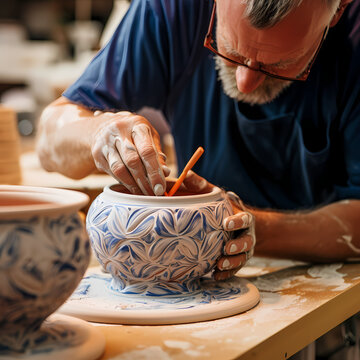 A close-up of a potter glazing a ceramic piece.