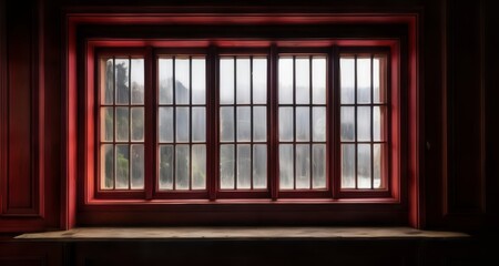 A serene view through a window with a red frame
