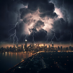 A dramatic shot of a thunderstorm over a city skyline