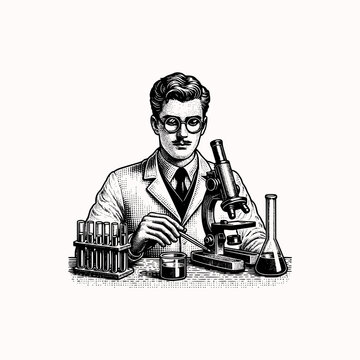man in lab do experiment with microscope and chemical scientist examine vector illustration