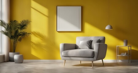  Modern living room with minimalist design and vibrant yellow walls
