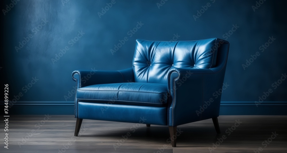 Sticker  Modern elegance - A blue leather armchair in a contemporary setting