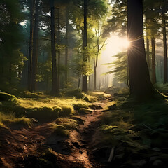 A serene forest scene with sunlight filtering through the leaves