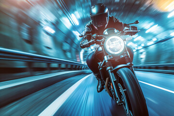 riding motorcycle high speed on highway tunnel in the night
