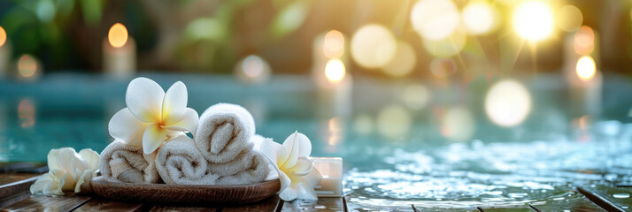 spa tools by the pool side with blue waters 