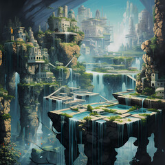 A surreal cityscape with floating islands and waterfalls