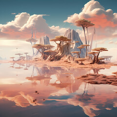 A surreal desert landscape with floating islands.