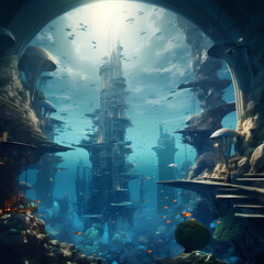 A surreal underwater city with futuristic architecture