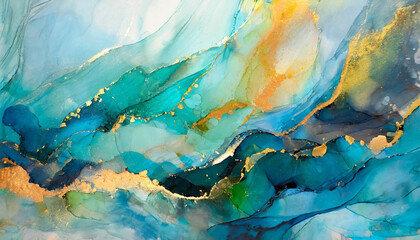 Fototapeta na wymiar Currents of translucent hues, snaking metallic swirls, and foamy sprays of color shape the landscape of these free-flowing textures. Natural luxury abstract fluid art painting in alcohol ink technique
