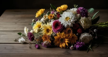 Fotobehang  Vibrant bouquet of fresh flowers on wooden table © vivekFx