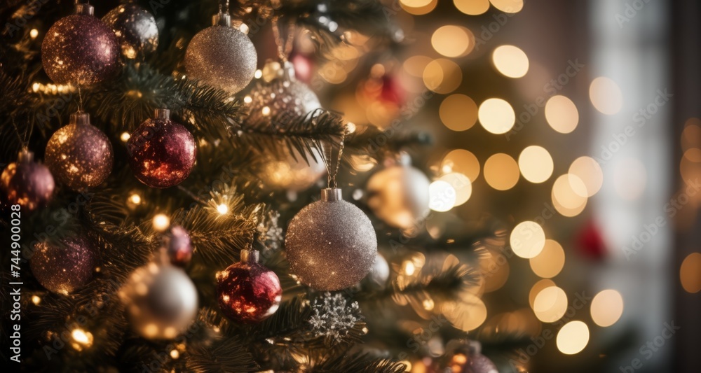 Poster  Merry Christmas - A close-up of a beautifully decorated Christmas tree with twinkling lights and ornaments