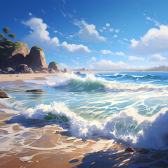 A tranquil beach scene with waves crashing against the beach