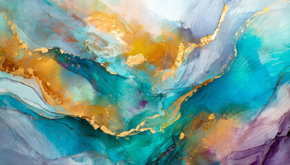 Currents of translucent hues, snaking metallic swirls, and foamy sprays of color shape the landscape of these free-flowing textures. Natural luxury abstract fluid art painting in alcohol ink technique - obrazy, fototapety, plakaty