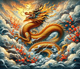 Golden Dragon in Traditional Asian Mythology Art