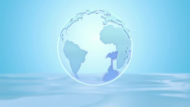 Earth globe blue color on water waves. Elements related to Eco system and environment or Green Digital. Animation seamless loop and Green  Screen. 3D Render.