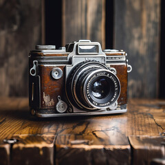 Fototapeta na wymiar A vintage film camera on a rustic wooden table.
