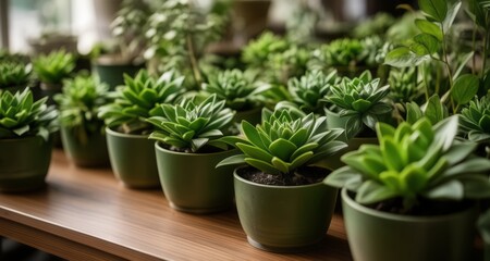 Fototapeta na wymiar Vibrant succulents in green pots, ready for home decor