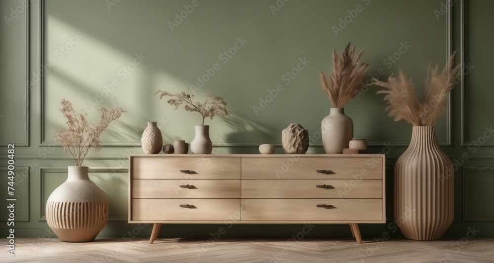 Poster  Elegant vases and plants adorn a stylish wooden cabinet against a soothing green wall