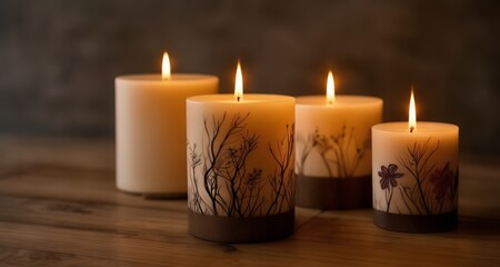Fototapeta na wymiar Warm Glow - A serene setting with four lit candles on a wooden table
