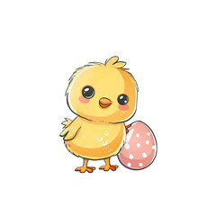 Cute easter chick with egg, isolated on white. Kawaii 