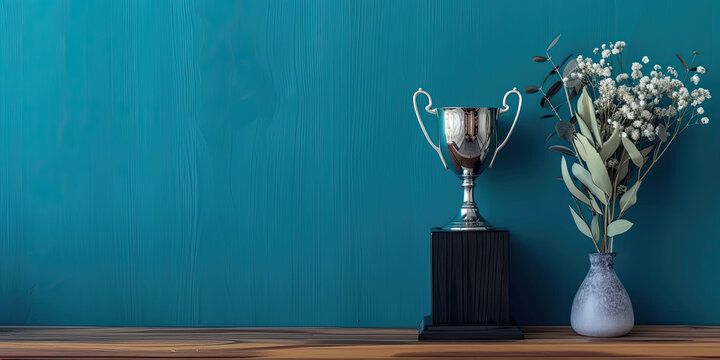 silver trophy and and a vase of flowers on blue background 
