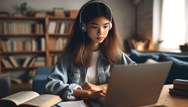 Young Girl Enjoying Music While Studying at Home