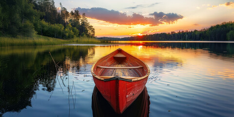 Serene Sunset View with Red Boat.
Calm lake at sunset with a red canoe in the foreground.