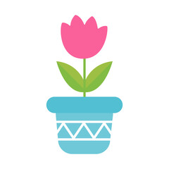 Flower in pot in flat style on white background. Trendy graphic template. Greeting card
