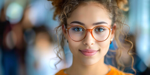 Fototapeta na wymiar Confident Young Woman in Glasses. Portrait of a confident young woman with glasses in an urban setting.
