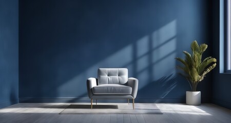  Modern minimalist living room with blue walls and natural light - obrazy, fototapety, plakaty