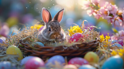 Fototapeta na wymiar Easter Bunny with Decorative Eggs in Springtime