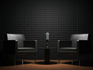 two chairs and microphones in podcast interview talk show room copy space background