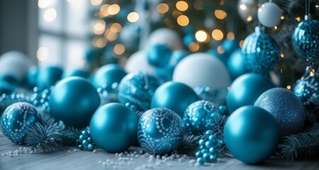  A festive tableau of holiday cheer with shimmering blue ornaments and twinkling lights