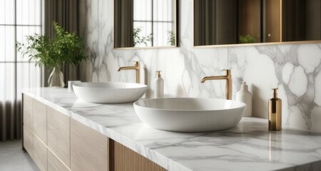  Elegant bathroom vanity with double marble sinks and gold fixtures