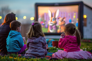 Outdoor Movie Night: Children Enthralled by a Film Featuring a Cartoon Bunny, Under Evening Sky
