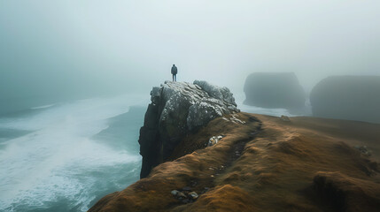 Explorando o desconhecido em frente ao mar tempestuoso uma pessoa corajosa encara a neblina densa e o caminho incerto - obrazy, fototapety, plakaty
