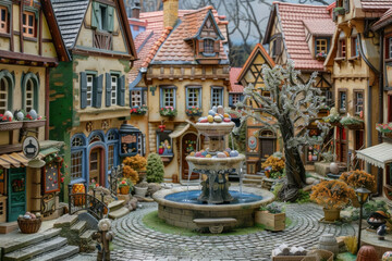 Miniature Old Town Square with Cobblestone Paths, Intricate Fountain, and Quaint Houses