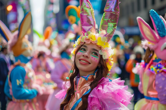 Joyous Easter Parade Participant in Vibrant Bunny Costume with Festive Street Procession