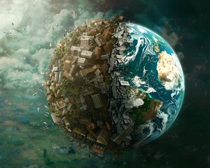 A globe split between ecological collapse and the opulent wealth of a greedy banker visual contrast - obrazy, fototapety, plakaty