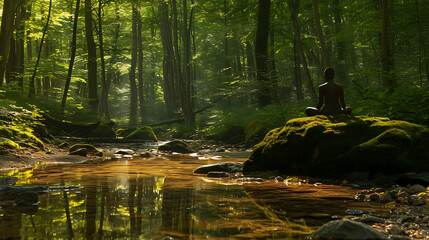 Meditação tranquila em um cenário sereno de floresta com luz dourada da manhã e flores selvagens
