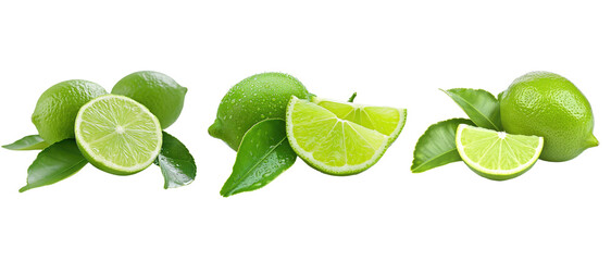 Fresh green lime slices and leaves on transparent background