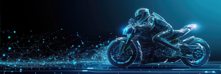Motorcycle Rider made with digital data on a Dark Background