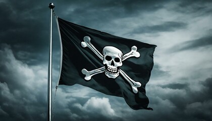 Naklejka premium jolly roger pirate flag on skull, Pirate flag with skull and bones waving in the wind, cloudy sky background, jolly roger symbol, dark mysterious hacker and robber concept