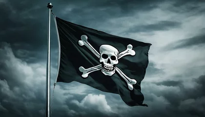 Fotobehang jolly roger pirate flag on skull, Pirate flag with skull and bones waving in the wind, cloudy sky background, jolly roger symbol, dark mysterious hacker and robber concept © Bilawl