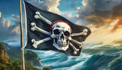 pirate skull and crossbones wallpaper Pirate flag with skull and bones waving in the wind, cloudy sky background, jolly roger symbol, dark mysterious hacker and robber concept - obrazy, fototapety, plakaty