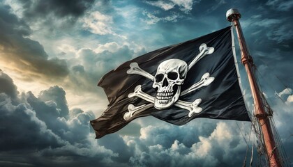 Fototapeta premium jolly roger pirate flag, wallpaper Pirate flag with skull and bones waving in the wind, cloudy sky background, jolly roger symbol, dark mysterious hacker and robber concept