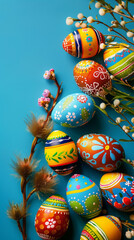 Fototapeta na wymiar Happy Easter. Colorful eggs and flowers on blue background, Vertical banner, tiktok, smartphone or instastory background